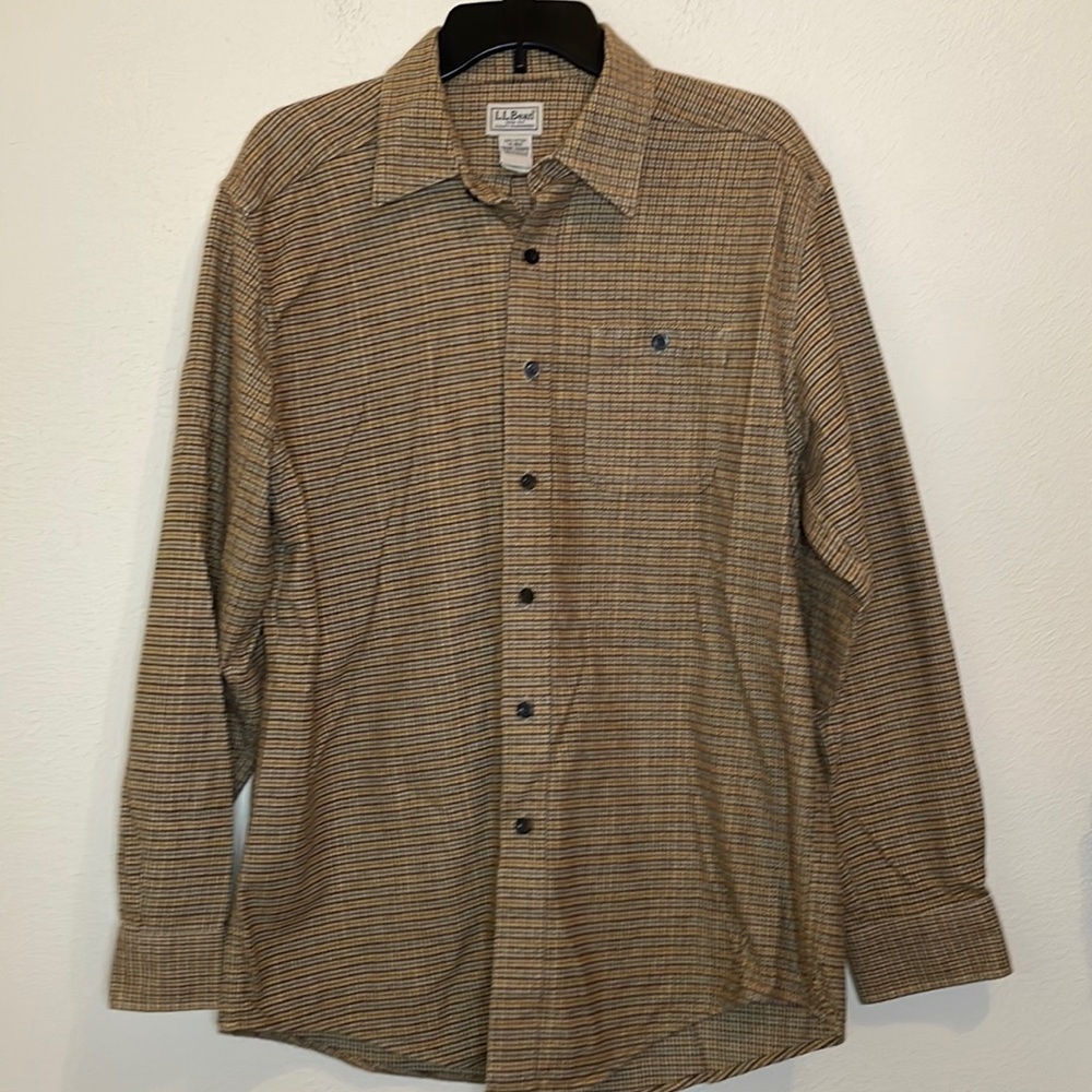 LL Bean Yellow and Brown Heavy Flannel Shirt Size Medium